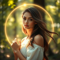 A woman gracefully illuminated by a soft sphere of light that encircles her, creating an ethereal atmosphere