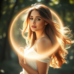 A woman gracefully illuminated by a soft sphere of light that encircles her, creating an ethereal atmosphere