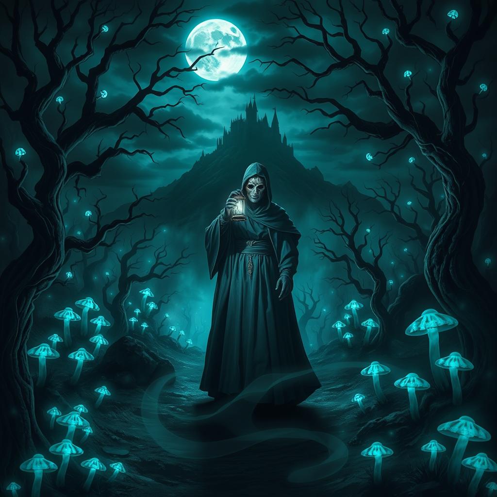 A dark fantasy scene, featuring a mysterious and enchanted forest illuminated by ethereal moonlight