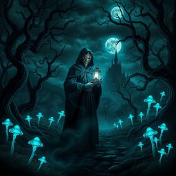 A dark fantasy scene, featuring a mysterious and enchanted forest illuminated by ethereal moonlight