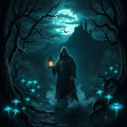 A dark fantasy scene, featuring a mysterious and enchanted forest illuminated by ethereal moonlight