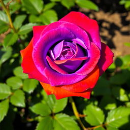 A beautiful, vibrant purple rose with striking orange-edged petals, showcasing a blend of colors that create a stunning visual effect