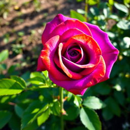 A beautiful, vibrant purple rose with striking orange-edged petals, showcasing a blend of colors that create a stunning visual effect