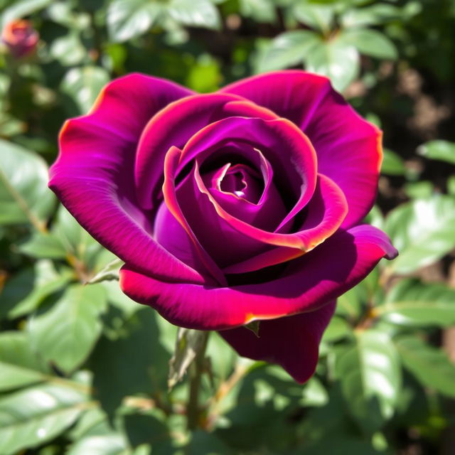 A beautiful, vibrant purple rose with striking orange-edged petals, showcasing a blend of colors that create a stunning visual effect