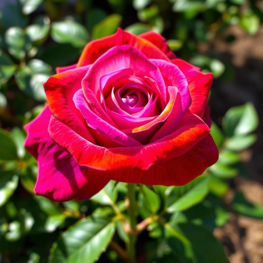 A beautiful, vibrant purple rose with striking orange-edged petals, showcasing a blend of colors that create a stunning visual effect