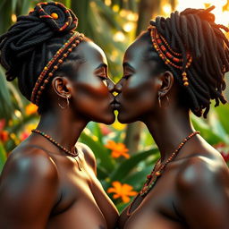 Two 25-year-old women from an African tribe, with deep brown skin, semi-nude, passionately kissing each other on the lips