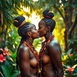 Two 25-year-old women from an African tribe, with deep brown skin, semi-nude, passionately kissing each other on the lips