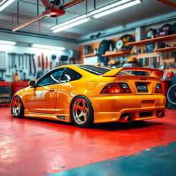 A vibrant garage scene featuring a customized Honda Del Sol with a flashy color that contrasts beautifully with the existing photo