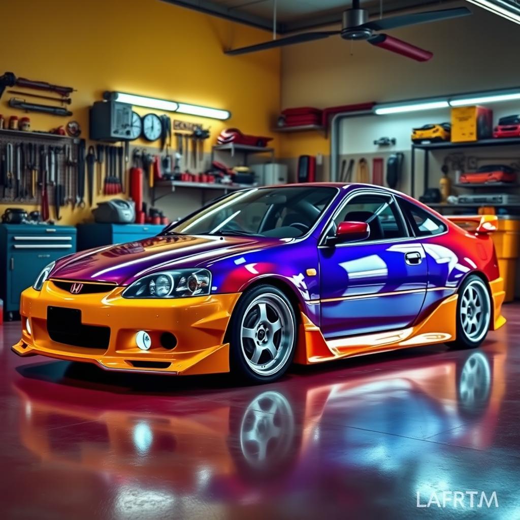 A vibrant garage scene featuring a customized Honda Del Sol with a flashy color that contrasts beautifully with the existing photo