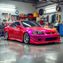 A vibrant garage scene featuring a customized Honda Del Sol with a flashy color that contrasts beautifully with the existing photo