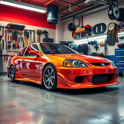 A vibrant garage scene featuring a customized Honda Del Sol with a flashy color that contrasts beautifully with the existing photo