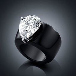 A stunning ring design featuring a wide black band, crafted from polished ceramic or onyx, showcasing a large pear-shaped diamond as the striking centerpiece