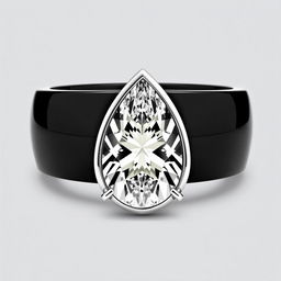 A stunning ring design featuring a wide black band, crafted from polished ceramic or onyx, showcasing a large pear-shaped diamond as the striking centerpiece