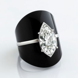 A stunning ring design featuring a wide black band, crafted from polished ceramic or onyx, showcasing a large pear-shaped diamond as the striking centerpiece