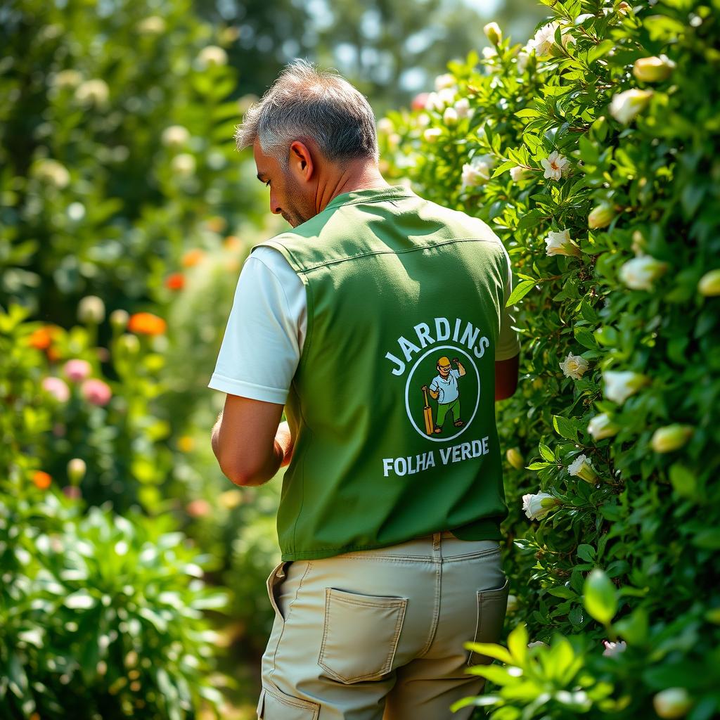 A man wearing cream-colored pants with pockets, a t-shirt, and a green vest that has the words 'JARDINS - FOLHA VERDE' printed on the back along with a logo of a gardener