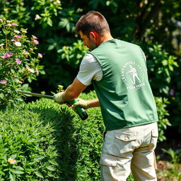 A man wearing cream-colored pants with pockets, a t-shirt, and a green vest that has the words 'JARDINS - FOLHA VERDE' printed on the back along with a logo of a gardener