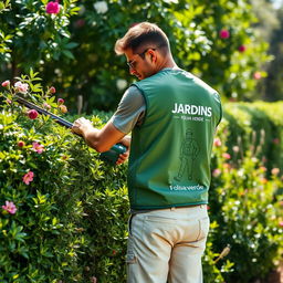A man wearing cream-colored pants with pockets, a t-shirt, and a green vest that has the words 'JARDINS - FOLHA VERDE' printed on the back along with a logo of a gardener