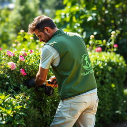 A man wearing cream-colored pants with pockets, a t-shirt, and a green vest that has the words 'JARDINS - FOLHA VERDE' printed on the back along with a logo of a gardener