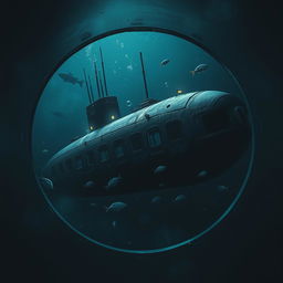 A dramatic underwater scene depicting a submarine lost in the depths of the ocean, surrounded by ominous dark waters