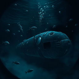 A dramatic underwater scene depicting a submarine lost in the depths of the ocean, surrounded by ominous dark waters