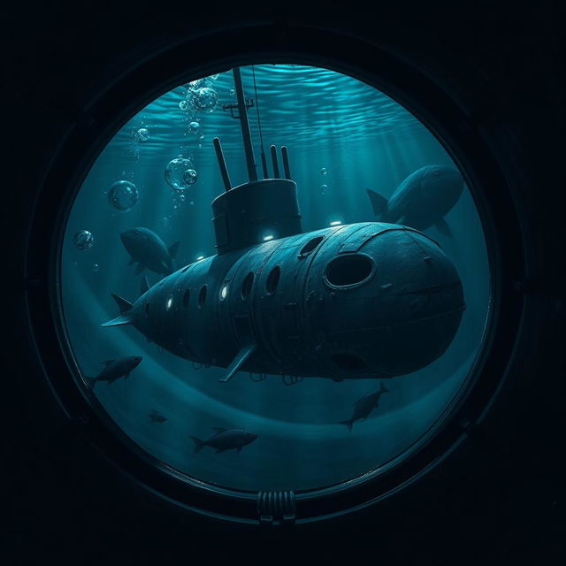 A dramatic underwater scene depicting a submarine lost in the depths of the ocean, surrounded by ominous dark waters