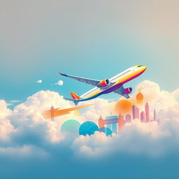 A creative representation of an airline company, featuring an artistic depiction of an airplane soaring through the clouds, surrounded by colorful abstract elements that symbolize travel and adventure