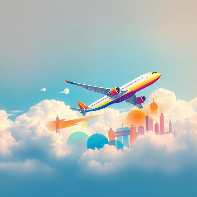 A creative representation of an airline company, featuring an artistic depiction of an airplane soaring through the clouds, surrounded by colorful abstract elements that symbolize travel and adventure