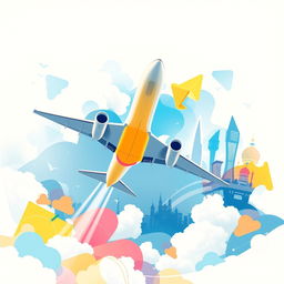 A creative representation of an airline company, featuring an artistic depiction of an airplane soaring through the clouds, surrounded by colorful abstract elements that symbolize travel and adventure