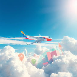 A creative representation of an airline company, featuring an artistic depiction of an airplane soaring through the clouds, surrounded by colorful abstract elements that symbolize travel and adventure