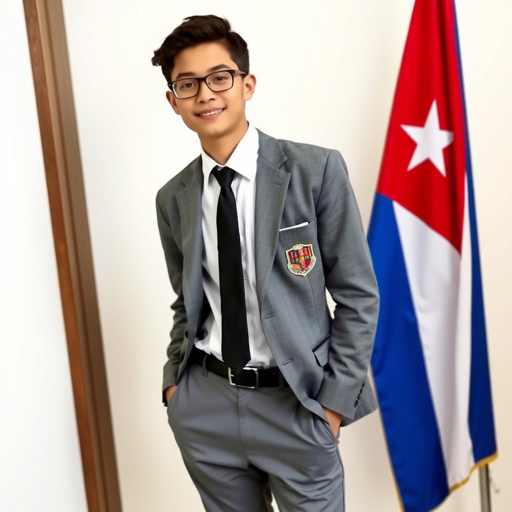 An attractive adolescent in a school uniform, wearing grey pants, a white shirt, a black tie, and a grey blazer with the school's crest on the right side