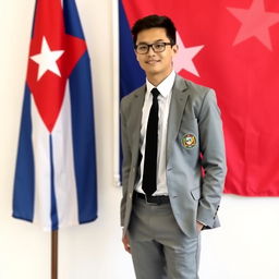 An attractive adolescent in a school uniform, wearing grey pants, a white shirt, a black tie, and a grey blazer with the school's crest on the right side