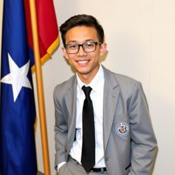 An attractive adolescent in a school uniform, wearing grey pants, a white shirt, a black tie, and a grey blazer with the school's crest on the right side