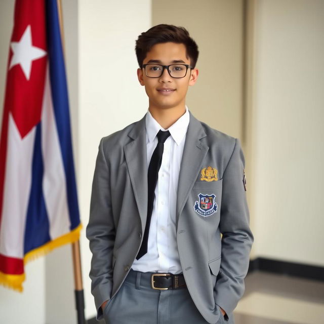 An attractive adolescent in a school uniform, wearing grey pants, a white shirt, a black tie, and a grey blazer with the school's crest on the right side