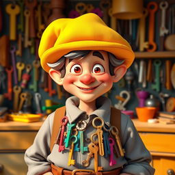 A whimsical character known as the Keymaker, wearing a bright yellow hat that is slightly oversized, adding a playful touch to their appearance