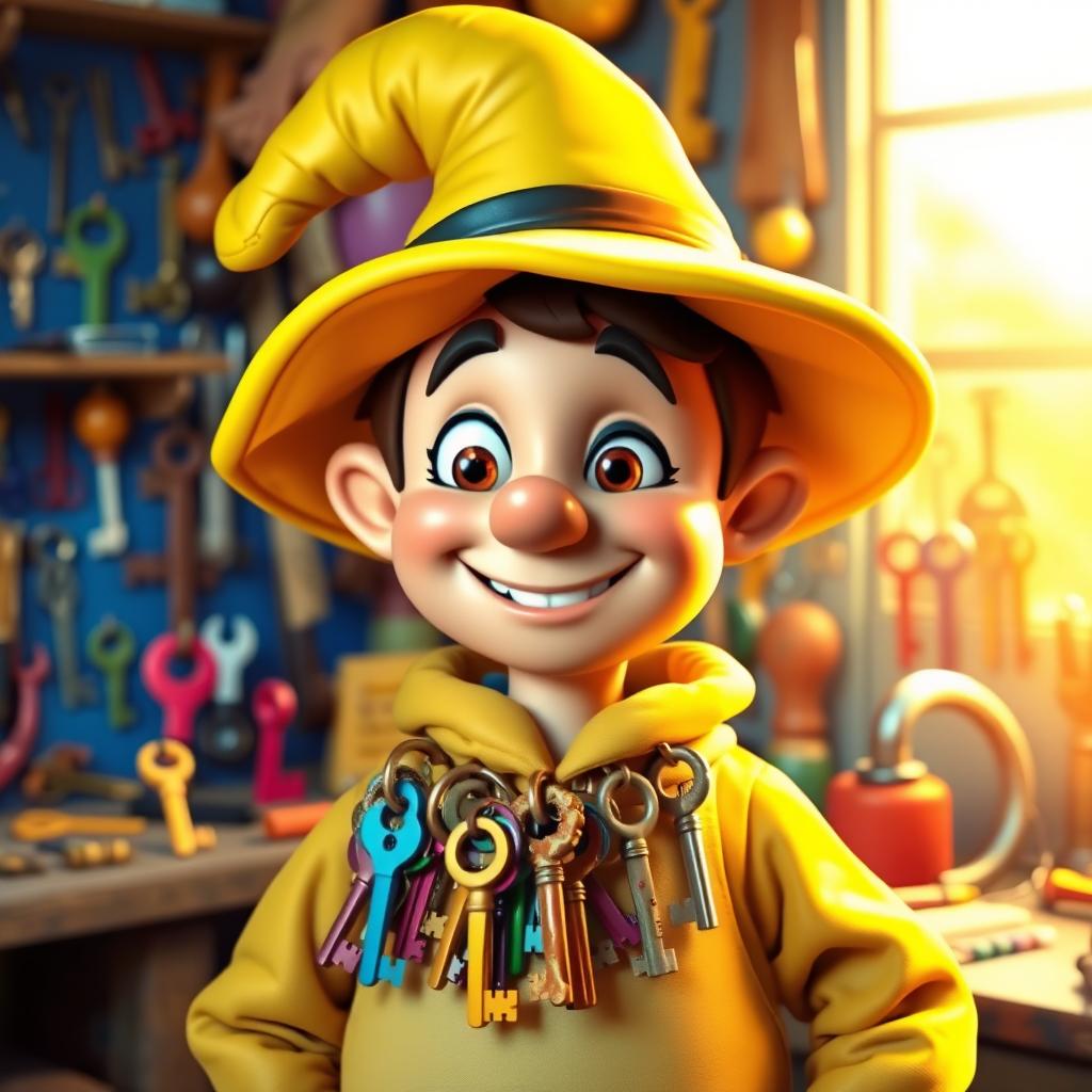 A whimsical character known as the Keymaker, wearing a bright yellow hat that is slightly oversized, adding a playful touch to their appearance