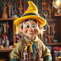 A whimsical character known as the Keymaker, wearing a bright yellow hat that is slightly oversized, adding a playful touch to their appearance