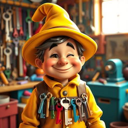 A whimsical character known as the Keymaker, wearing a bright yellow hat that is slightly oversized, adding a playful touch to their appearance