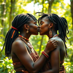 Two 25-year-old Black women from an indigenous tribe intimately kissing each other on the lips, showcasing their beautiful natural features and tribal attire