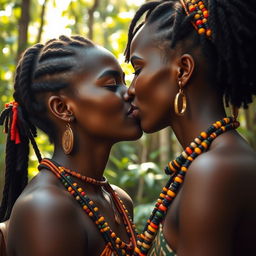 Two 25-year-old Black women from an indigenous tribe intimately kissing each other on the lips, showcasing their beautiful natural features and tribal attire
