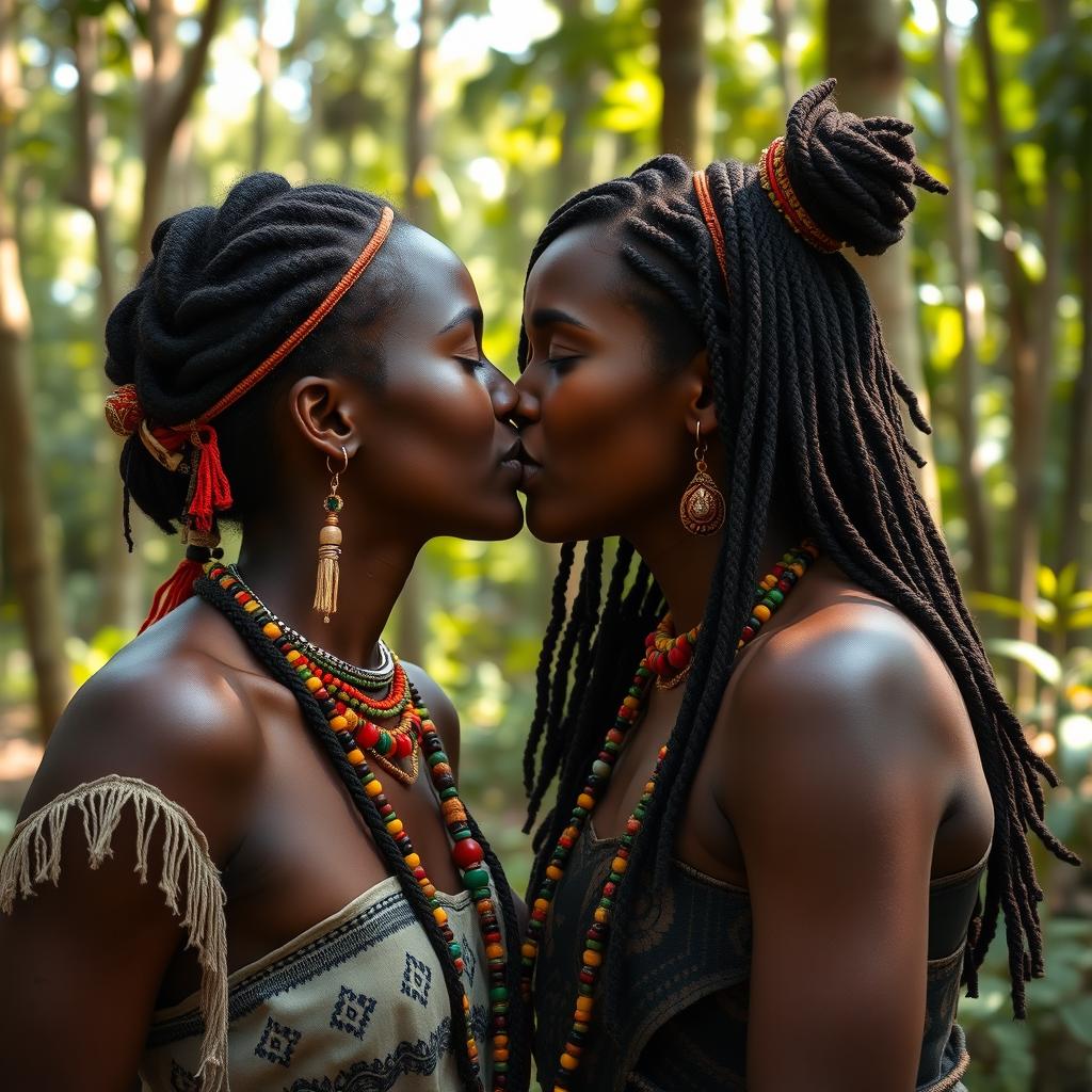 Two 25-year-old Black women from an indigenous tribe intimately kissing each other on the lips, showcasing their beautiful natural features and tribal attire