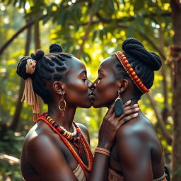 Two 25-year-old Black women from an indigenous tribe intimately kissing each other on the lips, showcasing their beautiful natural features and tribal attire