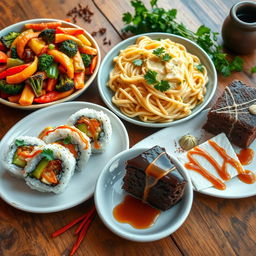 A vibrant arrangement of various delicious dishes including a colorful vegetable stir-fry with peppers, broccoli and carrots, a creamy pasta alfredo garnished with parsley, a beautifully plated sushi roll with wasabi and ginger on the side, and a slice of rich chocolate cake drizzled with caramel sauce
