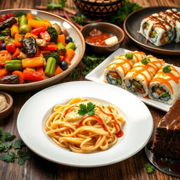 A vibrant arrangement of various delicious dishes including a colorful vegetable stir-fry with peppers, broccoli and carrots, a creamy pasta alfredo garnished with parsley, a beautifully plated sushi roll with wasabi and ginger on the side, and a slice of rich chocolate cake drizzled with caramel sauce