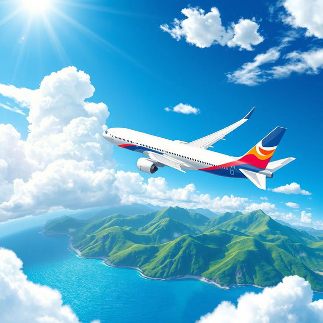 A creative and professional illustration of an airline company, showcasing a modern airplane soaring high above the clouds with vibrant and dynamic colors