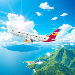 A creative and professional illustration of an airline company, showcasing a modern airplane soaring high above the clouds with vibrant and dynamic colors