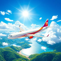 A creative and professional illustration of an airline company, showcasing a modern airplane soaring high above the clouds with vibrant and dynamic colors