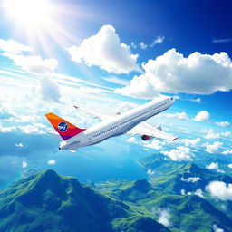 A creative and professional illustration of an airline company, showcasing a modern airplane soaring high above the clouds with vibrant and dynamic colors