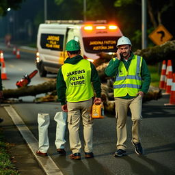 On a road at night, a team of three men is visible
