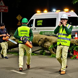 On a road at night, a team of three men is visible