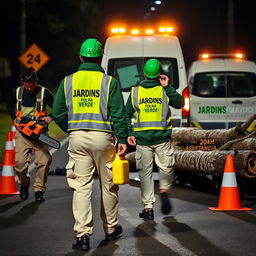 On a road at night, a team of three men is visible